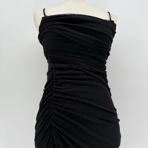 Y2K Black Mesh Glitter Ruched Slip Midi Dress Midi 2000s Club True Vintage Small